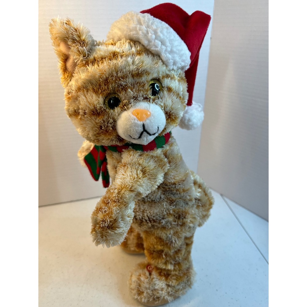Gemmy Animated Christmas Cat Plush Orange Tabby Dancing Santa Hat Scarf 13 Inch